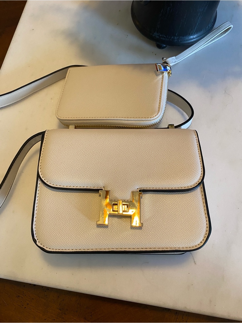 Cream Leather Crossbody Bag  and wallet with Gold Hardware New without tags.